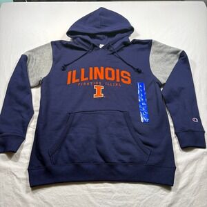 Champion Illinois Fighting Illini Navy Blue Gray Hoodie Sweatshirt Size L